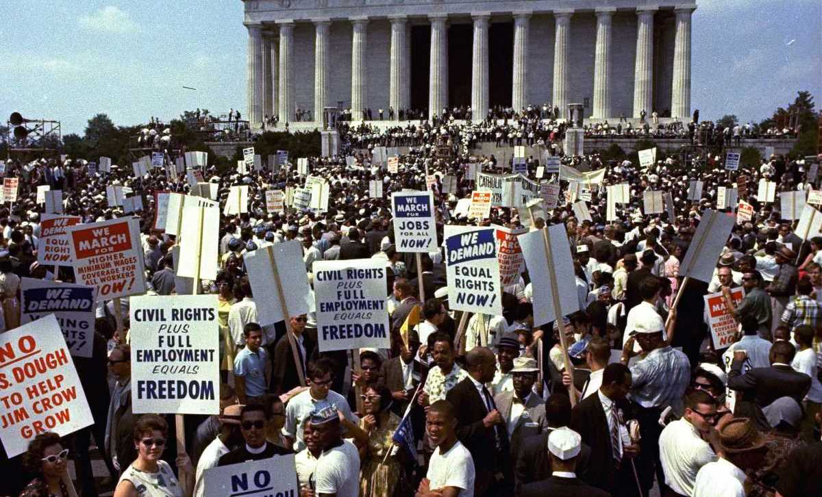 A small part of the crowd from the March on Washington for Jobs and Freedom, August 28, 1963, in front of the Lincoln Memorial, where Martin Luther King will give his "I Have A Dream" speech.